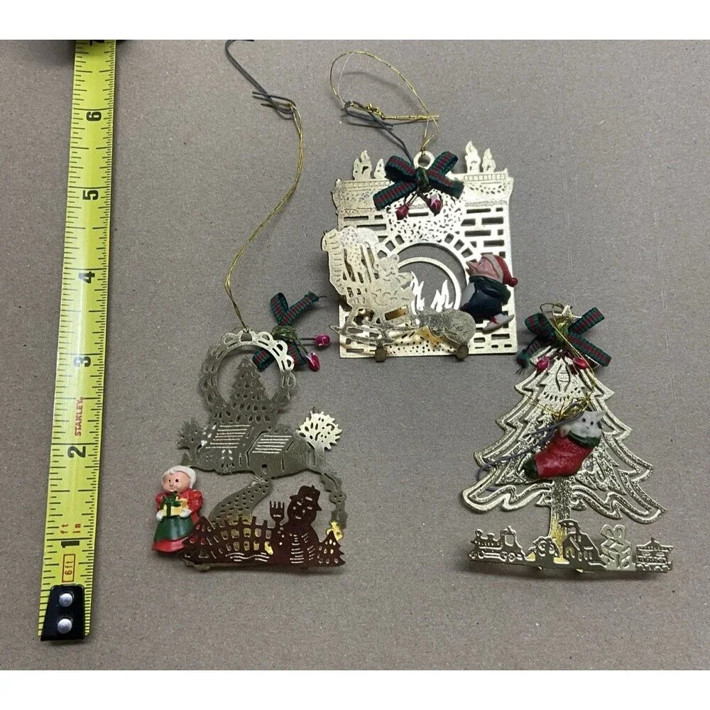 Vintage KMart Gold Metal Ornament Lot Laser Cut 2.5 inch with boxes Lot of 3